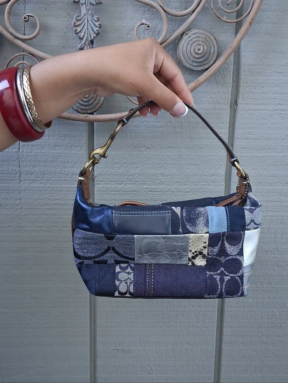 Coach Patchwork Denim Bagette in Navy, Cream and Brown - Picture 4 of 12